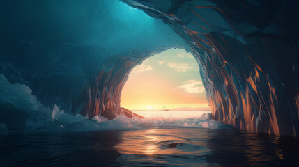 Looking out a gigantic ice cave in the ocean. Sun rise, clear skies, waves, crystal-clear turbulent water. Abstract landscape