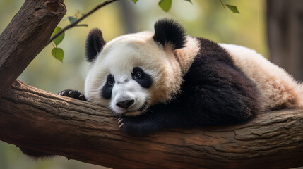 Obraz na płótnie Canvas Panda Bear Sleeping on a Tree Branch, China Wildlife. Cute Lazy Baby Panda Sleeping in the Forest, Enjoying an afternoon nap with paws Hanging Down