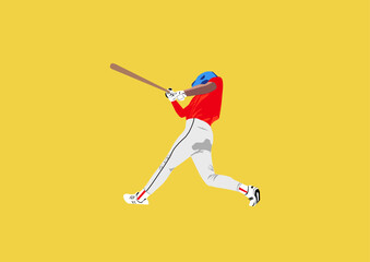Jugador de beisbol golpeando la pelota con camiseta roja y pantalones blancos sobre fondo amarillo, jugador de beisbol profesional en acción en fondo amarillo