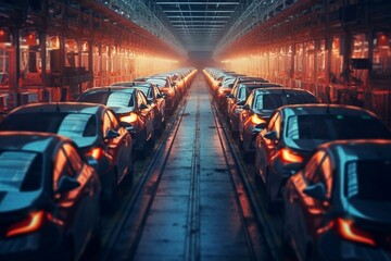 Mass-producing modern cars on a bustling factory assembly line. AI