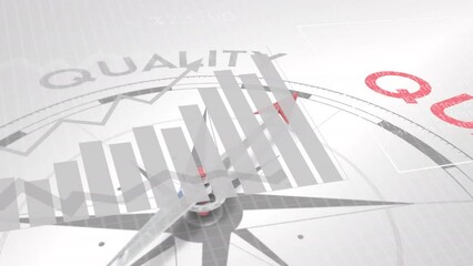Animation of data processing over compass with needle moving on quality texts - Powered by Adobe