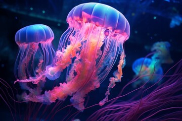 Obraz premium Jellyfish glowing pink color underwater. Generate AI