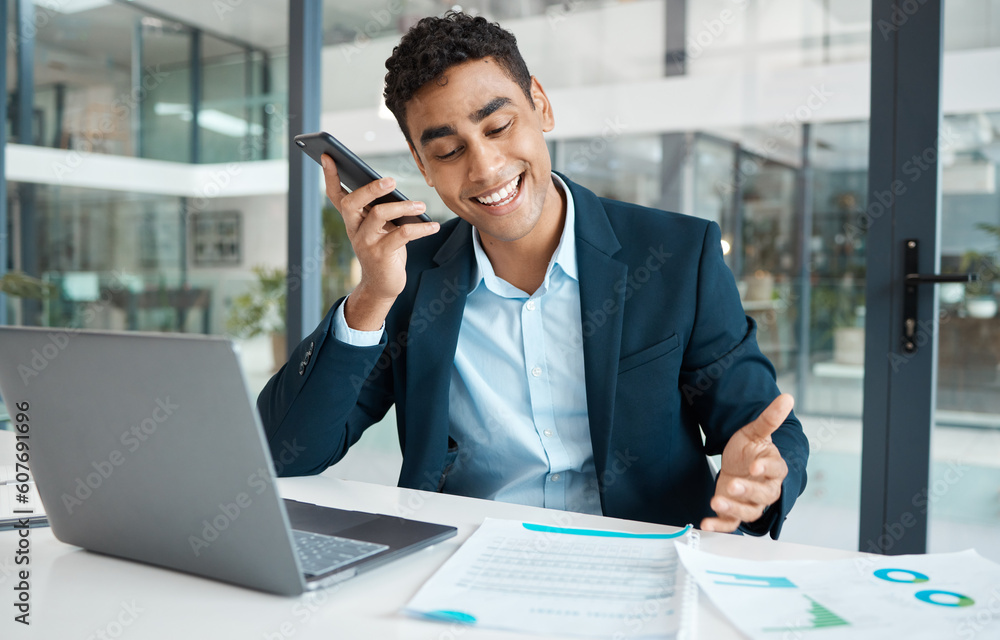 Poster business man, work voice note and phone call in a office with conversation and document report. comp