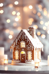 Christmas gingerbread house in a decorated room with highlights. Generative AI - 607691857