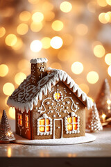 Christmas gingerbread house in a decorated room with highlights. Generative AI