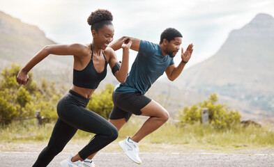 Fitness, exercise and black couple running, outdoor and workout goal with endurance, cardio and self care. Runners, man and woman in the street, run or training with progress, health and wellness - obrazy, fototapety, plakaty