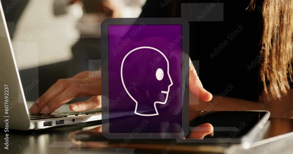 Poster animation of ai data processing over caucasian businesswoman using tablet
