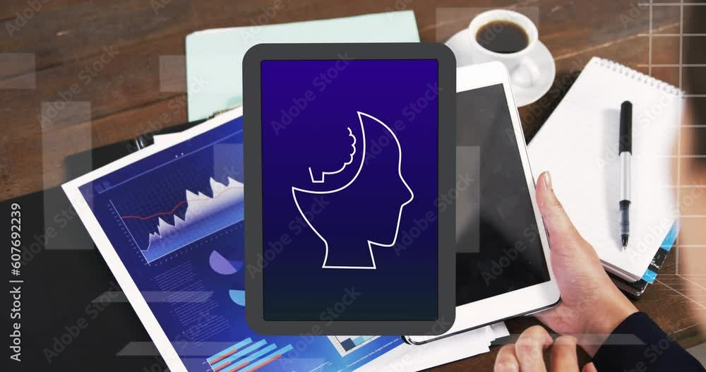 Poster animation of ai data processing over caucasian businesswoman using tablet