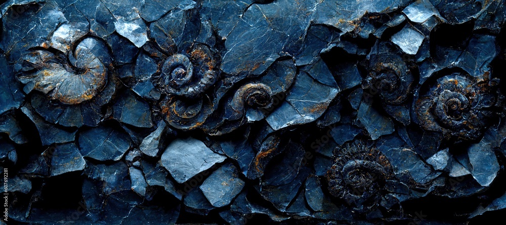 Poster Fossilized ammonite sea shell spirals embedded into dark cobalt blue slate rock. Prehistoric layered and ridged stone texture with detailed surface patterns - generative ai