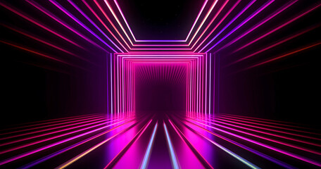 A neon frame of glowing lasers on a black background. Cyberpunk futuristic minimal concept. Electronic cyber lights. Generative AI, illustration.