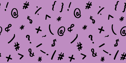 pattern with the image of keyboard symbols. Punctuation marks. Template for applying to the surface. purple red background. Horizontal image. Banner for insertion into site.