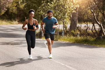 Health, exercise and black couple running, nature and workout goal with endurance, training and...