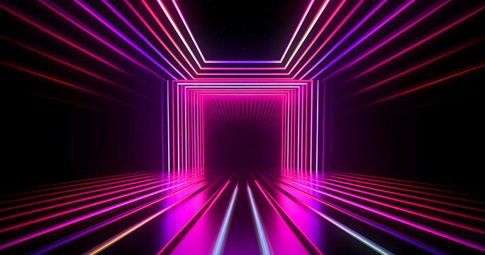 A neon frame of glowing lasers on a black background. Cyberpunk futuristic minimal concept. Electronic cyber lights. Generative AI, illustration.