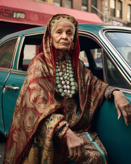 Generative ai old senior stylish indian or afghan woman posing outdoors