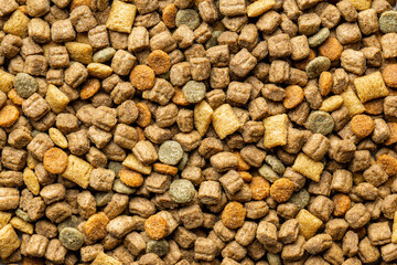 Dry kibble pet food. Dog or cat food. Top view.
