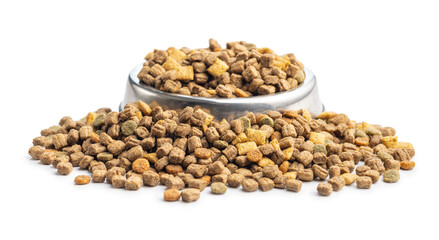 Dry kibble pet food. Dog or cat food isolated on white background.