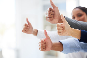 Closeup, business and group with thumbs up, agreement and approval with collaboration, teamwork and solidarity. Zoom, staff or team with hand gesture, symbol and achievement with emoji and support