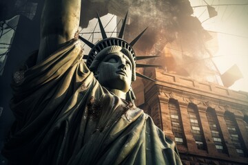 Liberty statue ruined collapse. Generate AI - obrazy, fototapety, plakaty