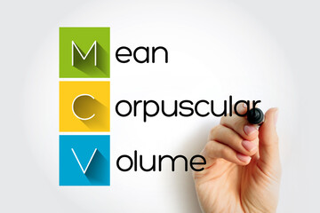 MCV Mean Corpuscular Volume - measure of the average volume of a red blood corpuscle, acronym...