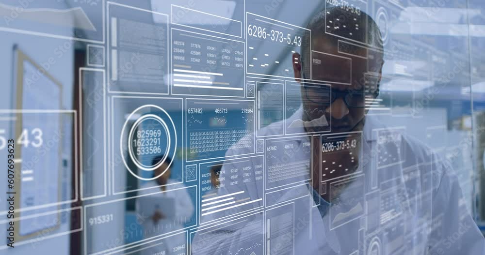Poster animation of data processing over african american male scientist using tablet