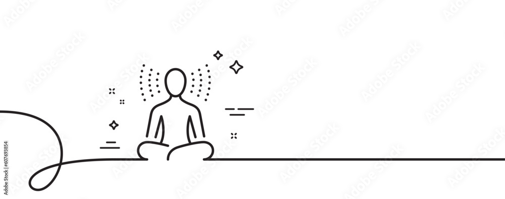 Poster yoga line icon. continuous one line with curl. meditation pose sign. relax body and mind symbol. yog
