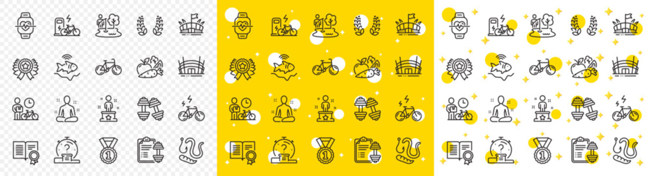 Outline Fishing place, Arena and Dumbbell line icons pack for web with Winner ribbon, Worms, Dumbbells line icon. Laurel wreath, Arena stadium, Vegetables pictogram icon. Quiz, Best rank. Vector
