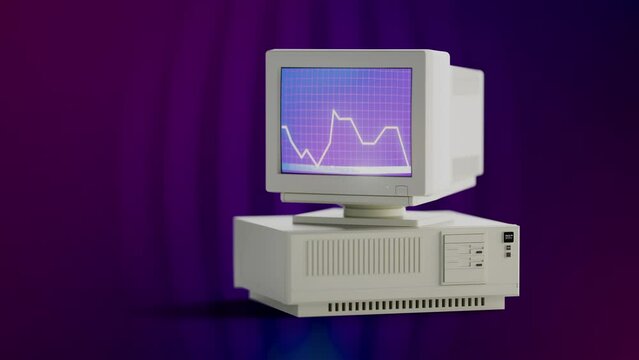 Retro computer. Time to Upgrade - Old pc with convex CRT monitor stock calculations outdated electronics.