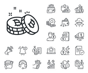 Cryptocurrency coin sign. Cash money, loan and mortgage outline icons. Bitcoin line icon. Crypto money symbol. Bitcoin line sign. Credit card, crypto wallet icon. Inflation, job salary. Vector