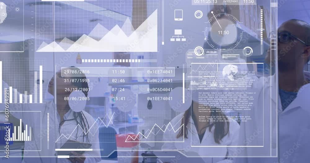 Poster animation of data processing over diverse scientists in lab