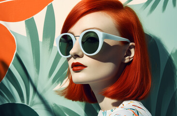 Fototapeta na wymiar Summer portrait of young beautiful woman with fashionable sunglasses, time for stylish outfits and sunbathing on beach and tropical destinations. Generative AI, illustration.