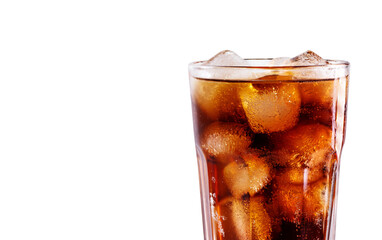 A glass of cola drink with ice cubes. Fresh cold sweet cola drink with ice isolated on white background with copy space.