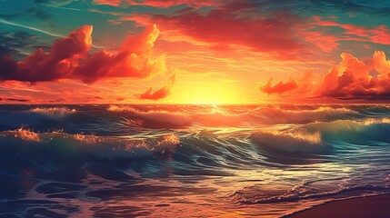 landscape sea waves at sunset Generative AI