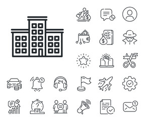 Building sign. Salaryman, gender equality and alert bell outline icons. Company house line icon. Company line sign. Spy or profile placeholder icon. Online support, strike. Vector