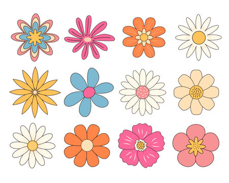 Groovy cartoon flowers set. Retro vintage style, 60s, 70s. Sticker daisy pack in trendy hippie psychedelic style. Linear color vector illustration.