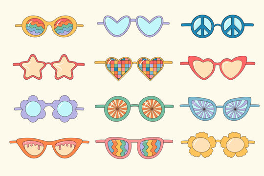 Naklejka Groovy hippie sunglasses set. Cute retro psychedelic glasses. Linear color vector illustration.