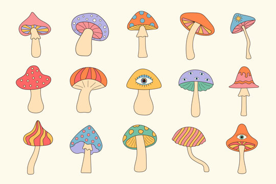 Groovy Hippie Mushroom Set. Psychedelic hallucinogenic fantasy mushrooms. Linear color vector illustration.