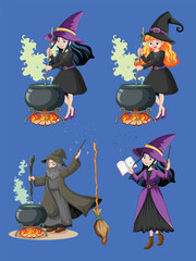 Set of wizard or witches with magic tools cartoon style isolated by the greatest graphics