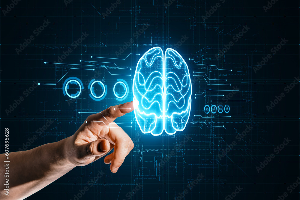 Poster Business internet technology, artificial intelligence and machine learning concept with perspective view on man finger touching digital glowing human brain between circuit on dark background