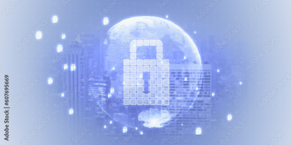Poster Glowing globe with white safety padlock on light backdrop. Global digital security and protection concept. 3D Rendering.