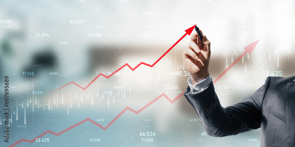 Poster online trading and investing concept with businessman hand with pen working with financial forex cha