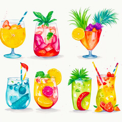 watercolor set of cocktails and fruits