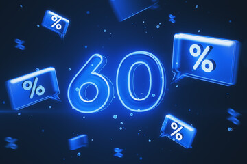 Online shopping, discount and hot sale concept with blue digital glowing 60 icon on dark background with speech bubbles with percent sign. 3D rendering - obrazy, fototapety, plakaty