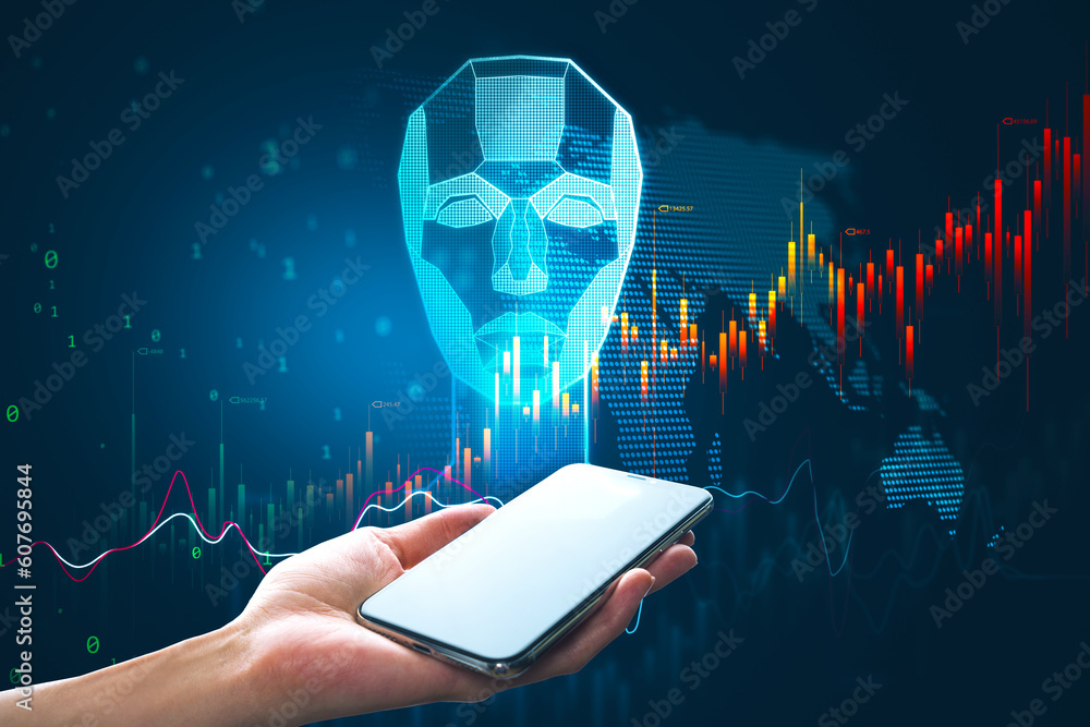 Aufkleber Artificial intelligence, cryptocurrency, mobile trading and blockchain concept with robot head with financial chart candlestick on world map background above human hand using smartphone