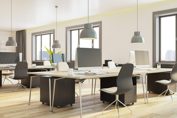 Perspective view of modern empty office interior with wooden floor, concrete walls and desks with computers, windows and furniture. Business background and workspace concept, 3D Rendering