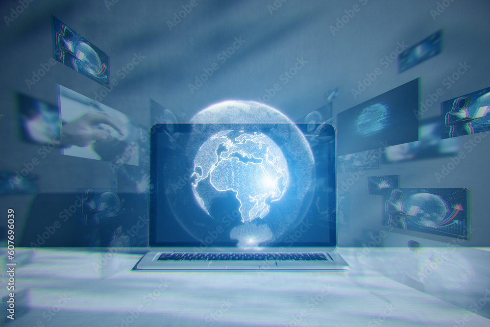Aufkleber Close up of workplace with notebook and glowing digital globe hologram on blurry background. Digital world, global hacking protection and hud concept. Double exposure.