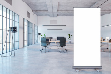 Fototapeta na wymiar Front view on blank white poster on concrete floor with place for your logo or advertising text on modern office background with grey walls and city view from lattice window. 3D rendering, mock up