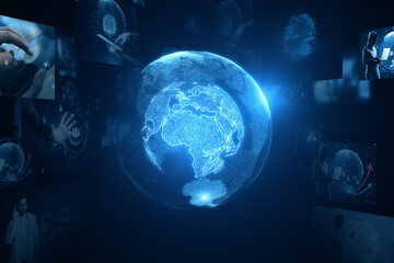 Obraz premium Creative glowing digital blue globe hologram on dark backdrop. Digital world, global hacking protection and hud concept. 3D Rendering.