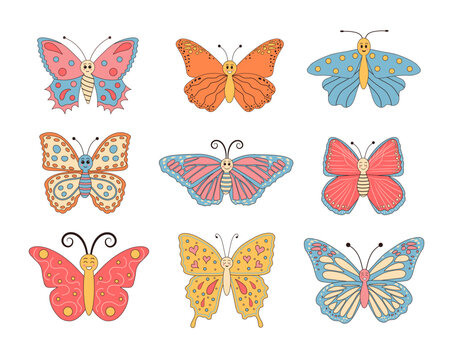 Groovy retro cartoon butterfly set in 60s 70s style. Hippie Boho Summer butterfly characters print collection.