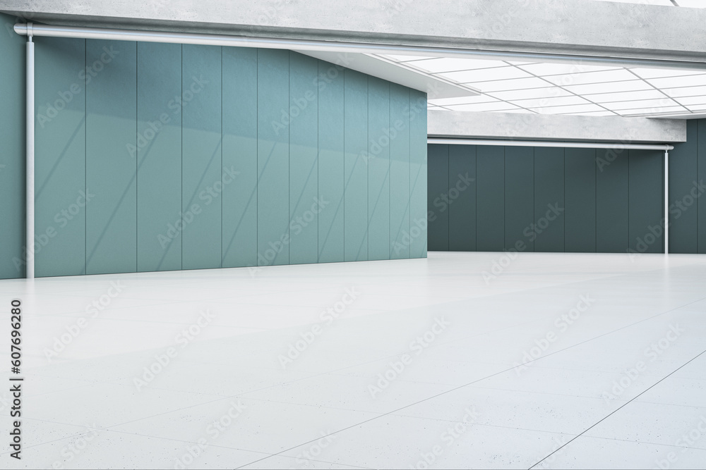 Poster Modern spacious empty tile interior with mock up place and glass ceiling. 3D Rendering.
