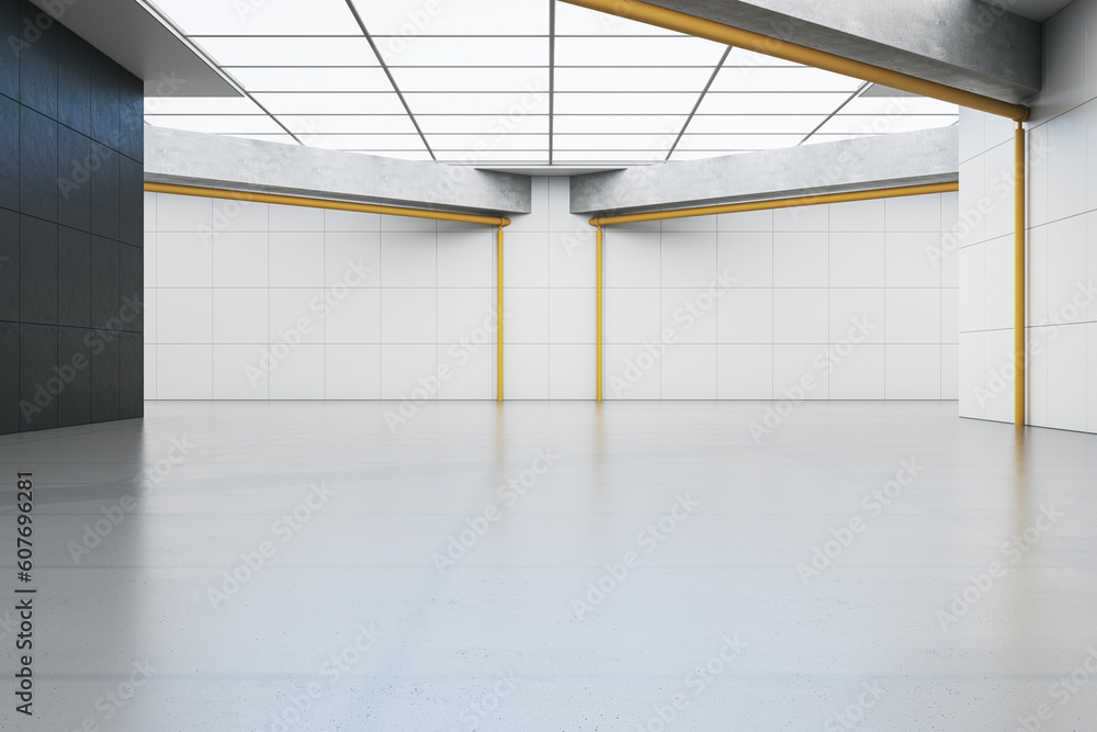 Poster contemporary spacious empty tile interior with mock up place. 3d rendering.
